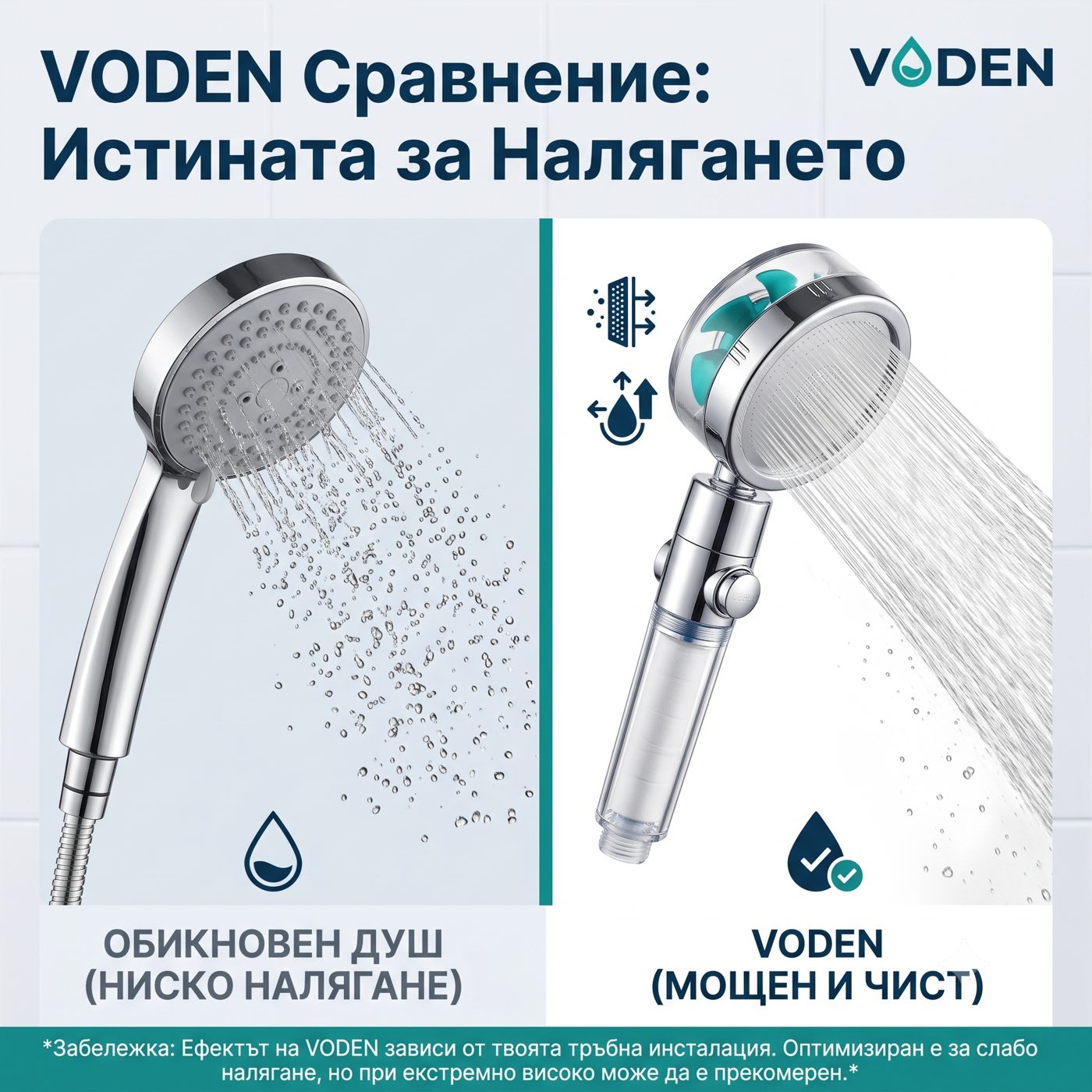 Сравнение на налягането: обикновен душ срещу VODEN
